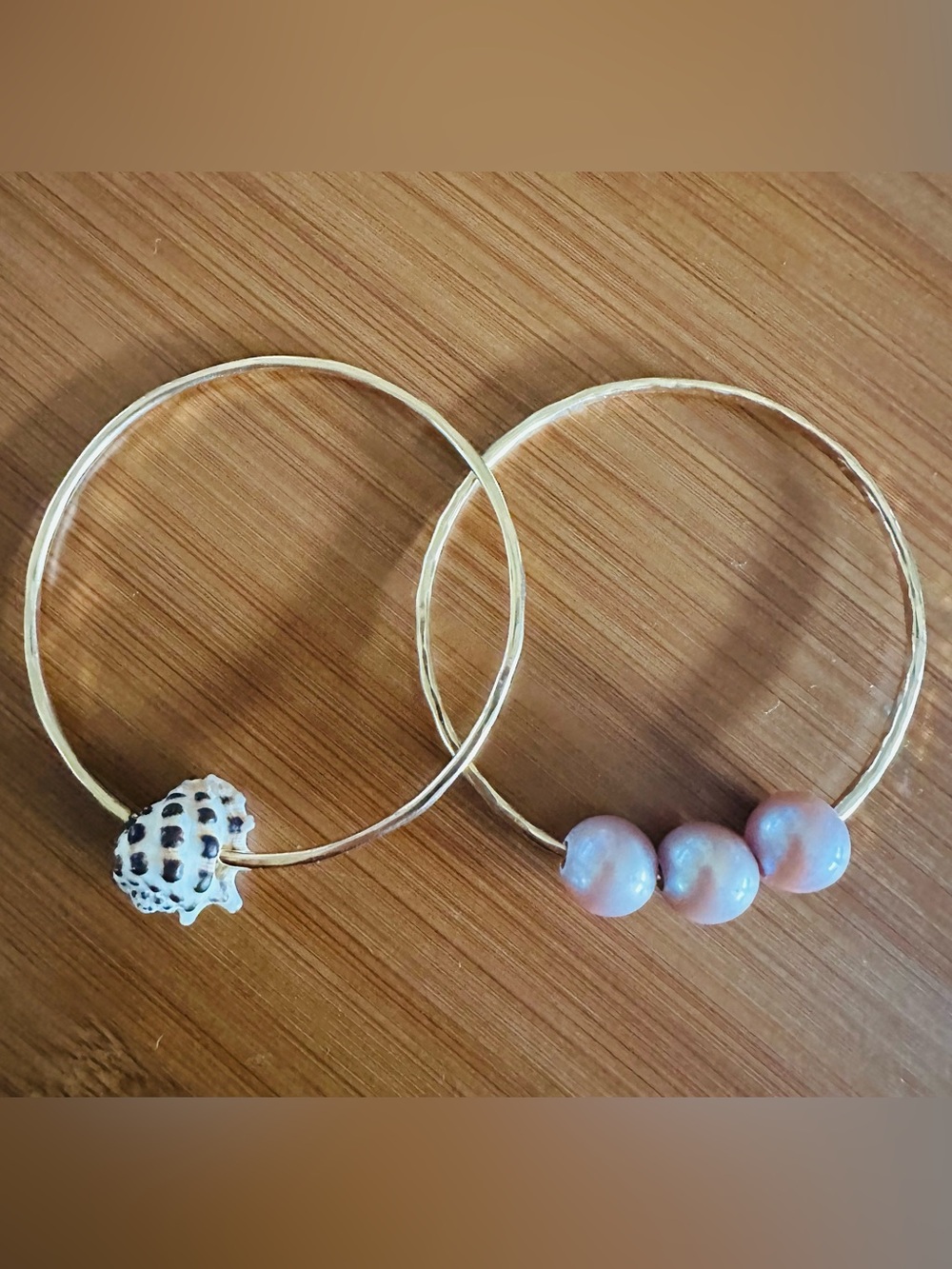 Gold-Filled Bangles: Shell and Triple Pink Pearls